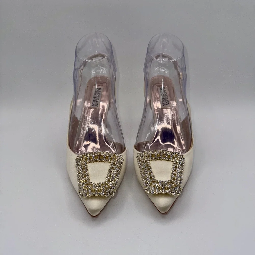 Badgley Mischka Enida Rhinestone Slingback Heels Women's Size 6‎ Champagne Satin